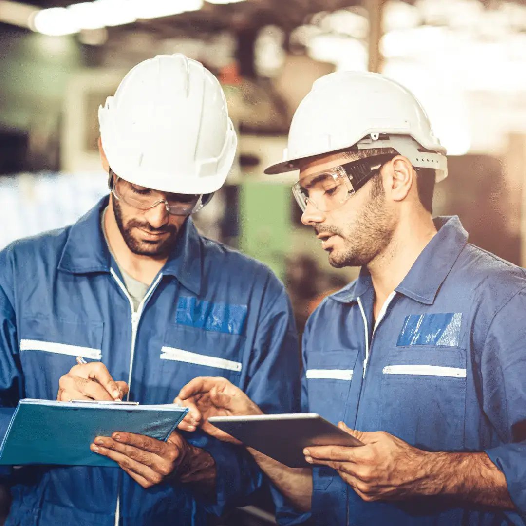 two workers reviewing training