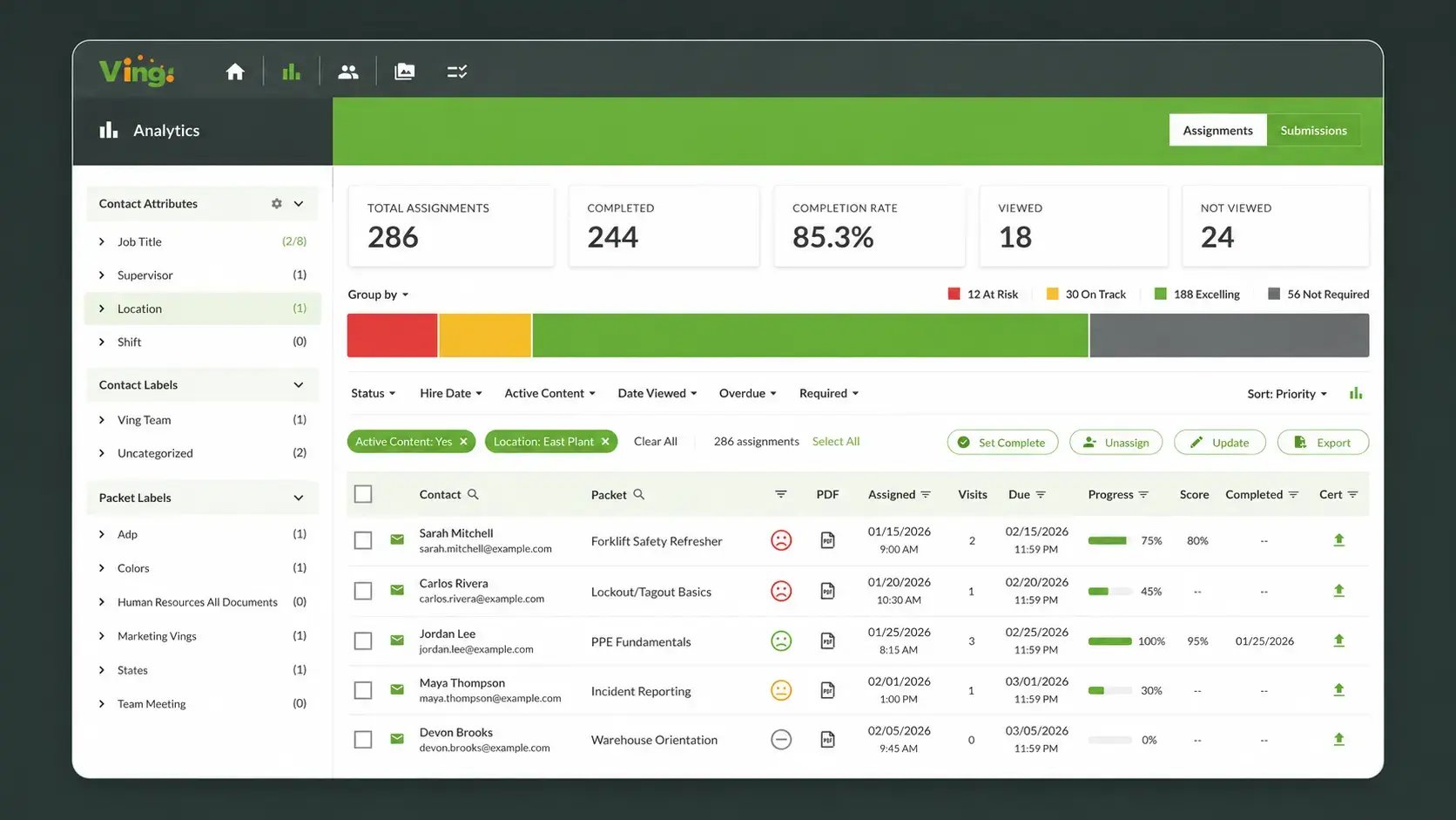 Ving analytics assignments dashboard with fictional training completion data