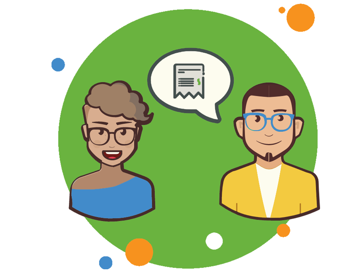 two people talking about reports and money